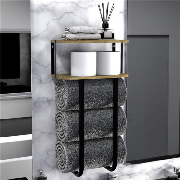 Towel Racks with 2-Tier Wood Shelf, Bathroom Shelves Wall Mounted - Picture 1 of 7